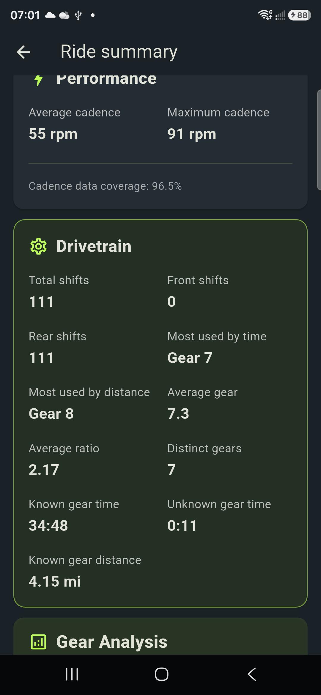 BikeNet ride summary showing drivetrain statistics including shift count, most-used gear, average gear, and known gear distance