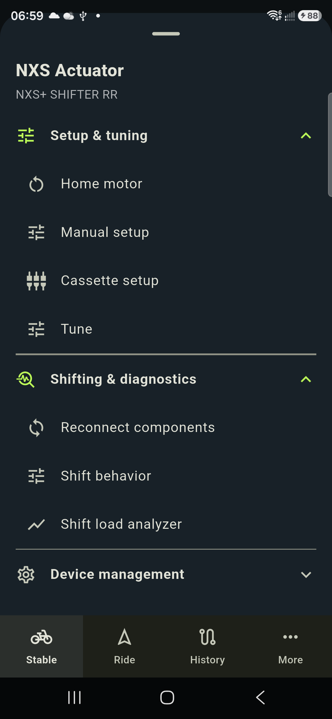 BikeNet NXS actuator screen showing setup, tuning, shifting, diagnostics, and device-management tools