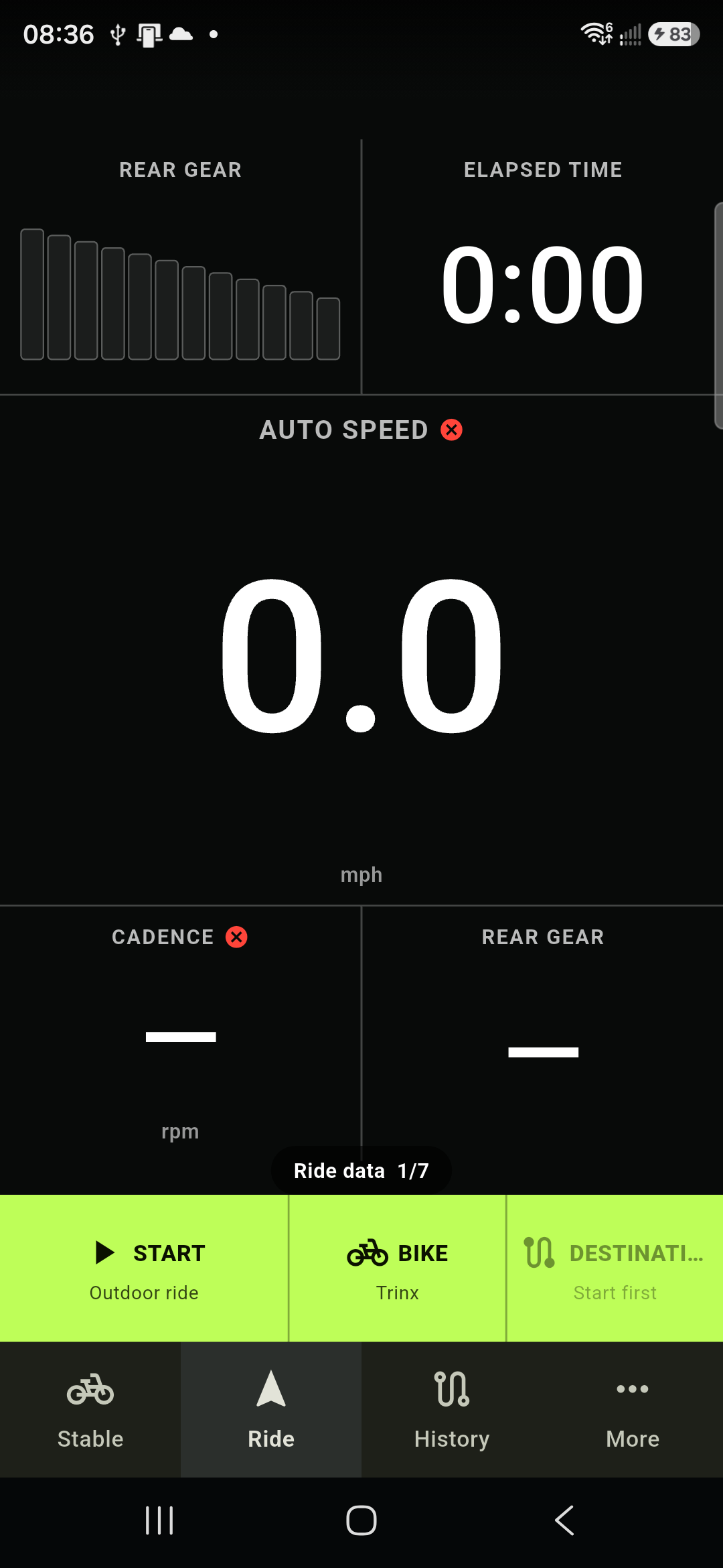 BikeNet live ride dashboard showing speed, elapsed time, cadence, selected bike, and ride controls