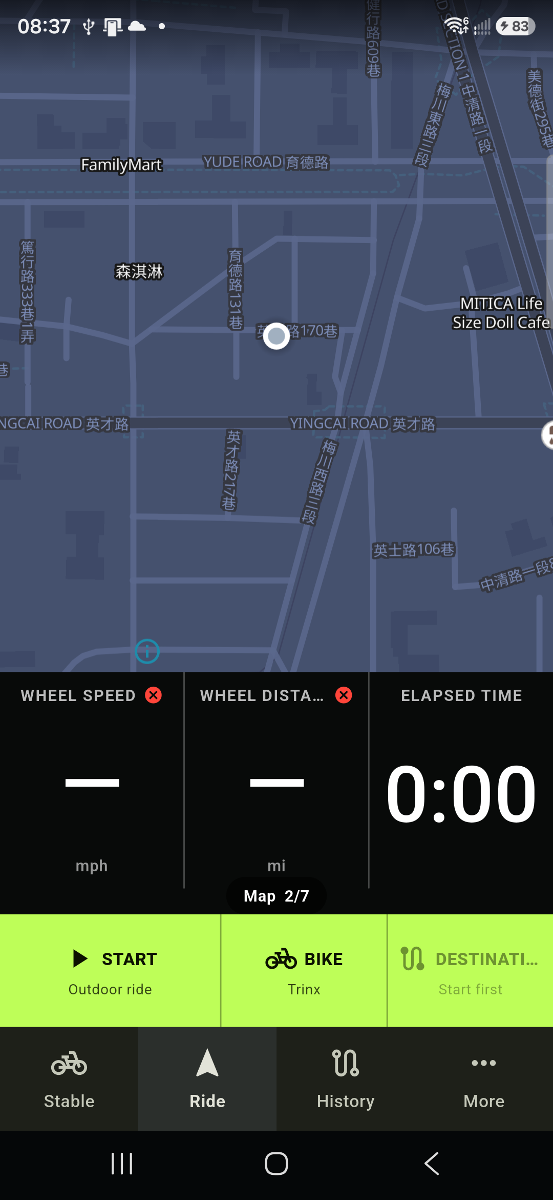 BikeNet live ride map with wheel speed, distance, elapsed time, and ride controls